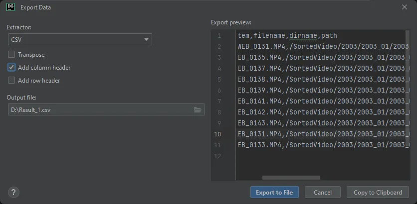 DataGrip’s Export Data dialog set to the CSV extractor with “Add column header” ticked, previewing the exported rows