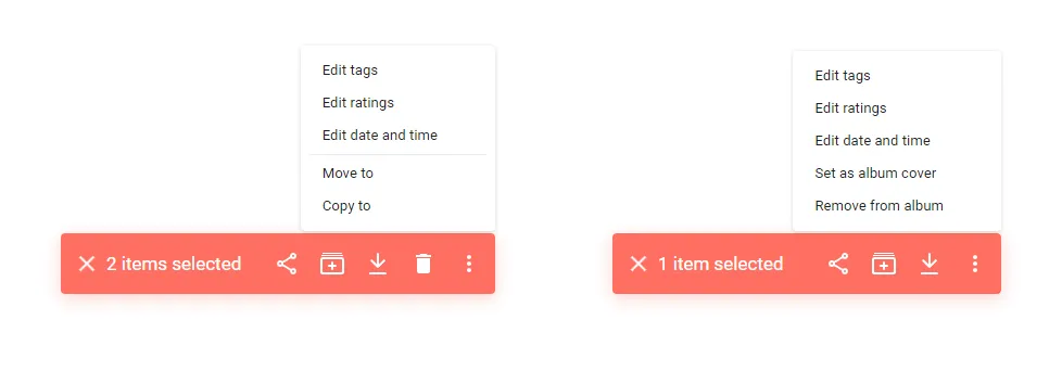 Timeline view selection on the left, Album view selection on the right