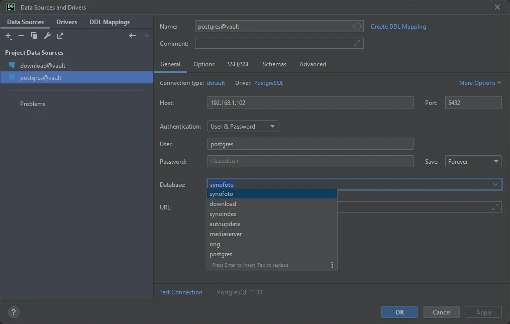 DataGrip’s Data Sources and Drivers dialog, with a PostgreSQL connection pointed at the NAS and the Database dropdown open on synofoto